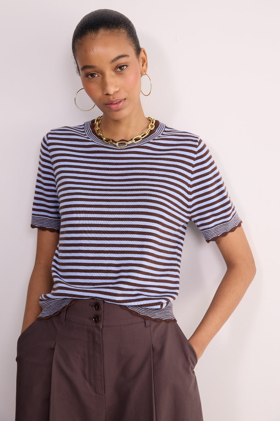 Fleurine Short Sleeve Tee - Cocoa/Sky Blue Micro Stripe