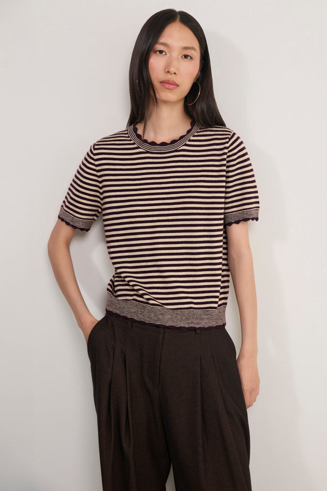 Fleurine Short Sleeve Tee - Oat/Aubergine Micro Stripe