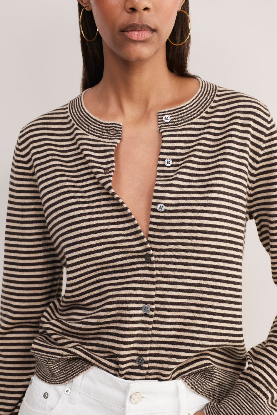 Flora Cardigan - Oat/Chocolate Stripe