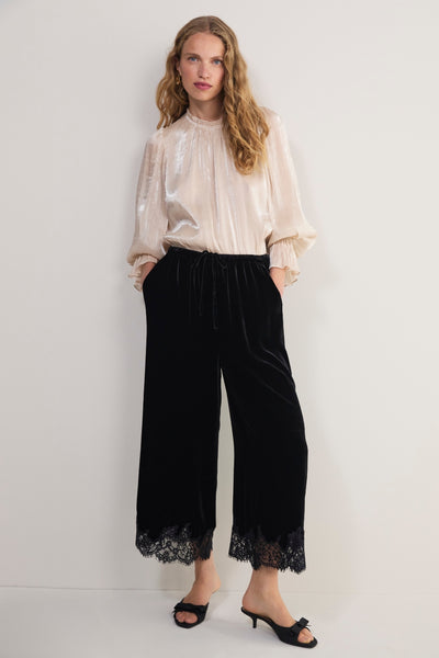 Florence Silk Velvet Lace Trim Trouser - Black