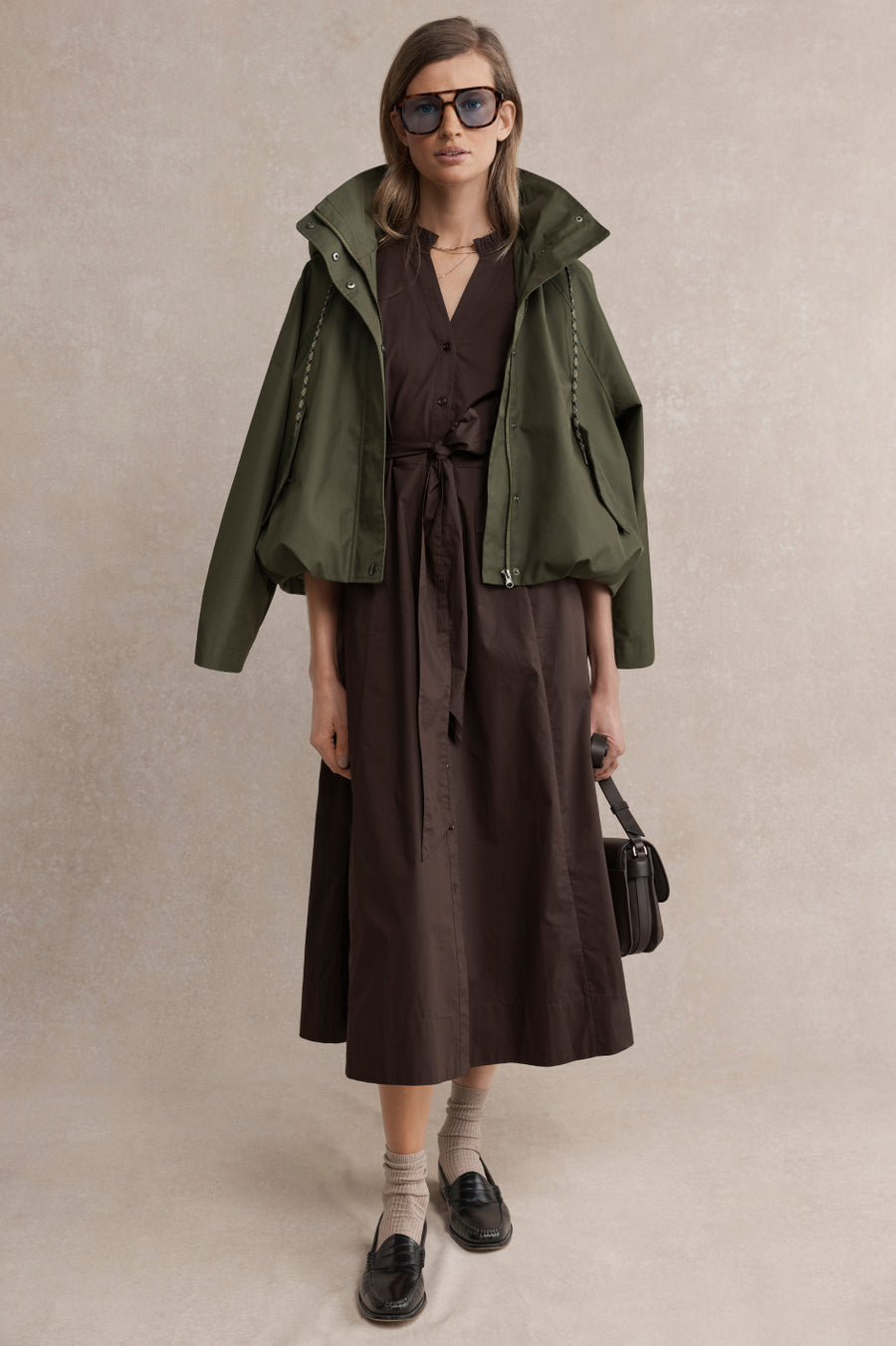 Billie Funnel Hooded Bomber Jacket - Soft Khaki