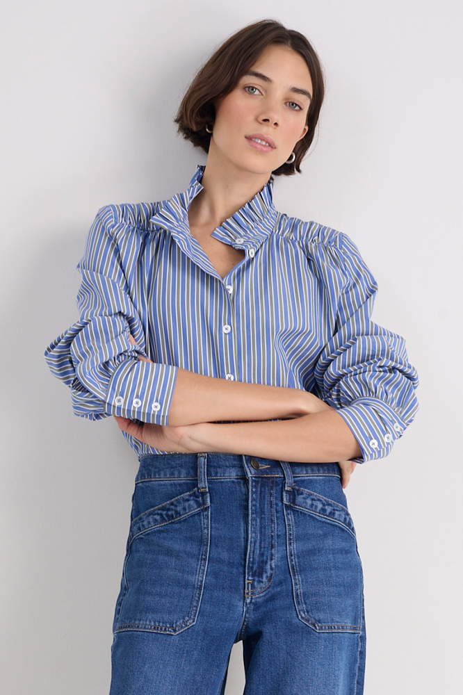 Clemmy Classic Shirt - Mid Blue/Green Stripe
