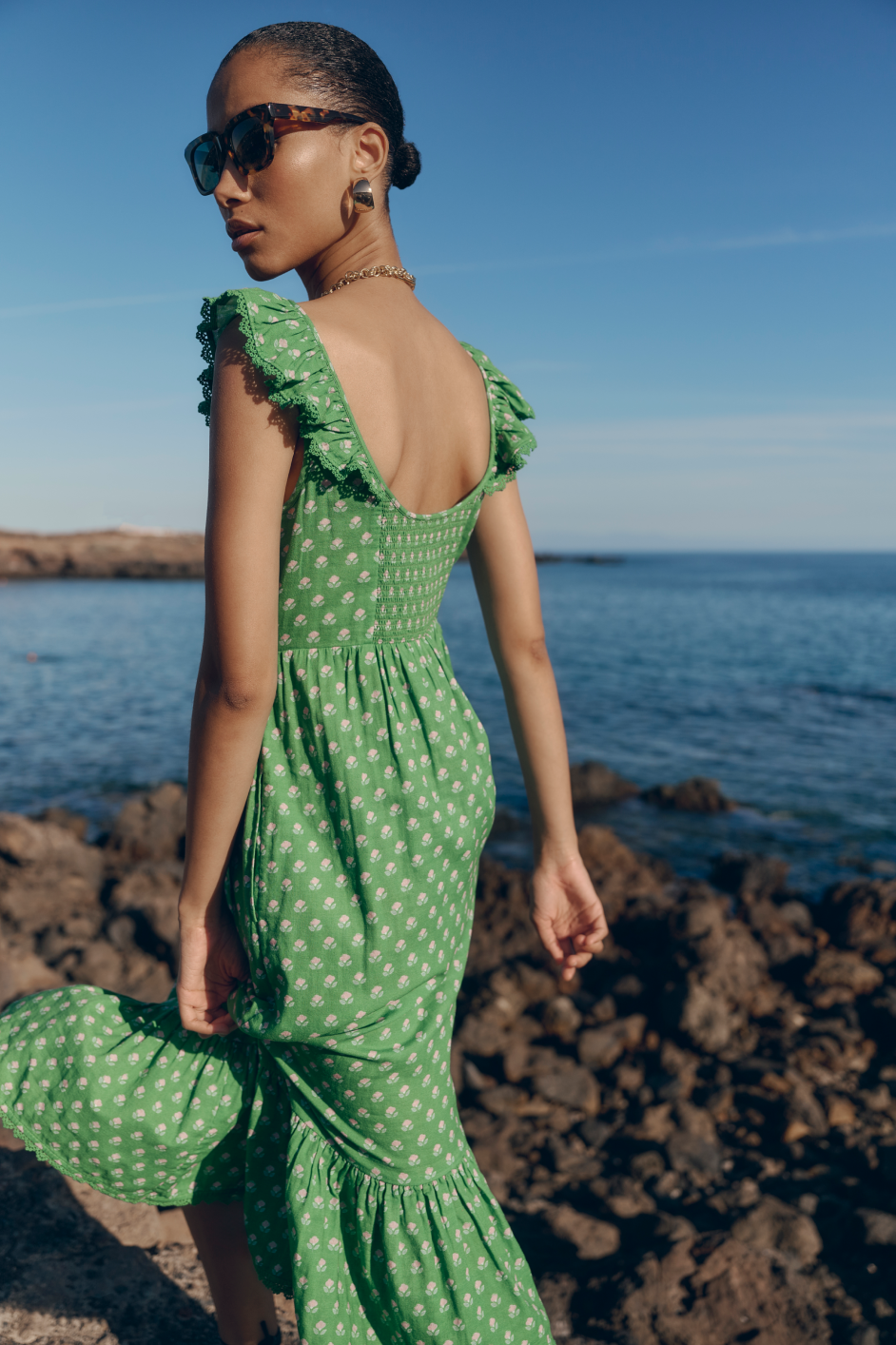 Astrid Dress - Jade Green Flora Woodblock