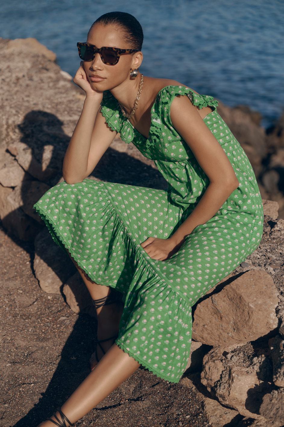 Astrid Dress - Jade Green Flora Woodblock