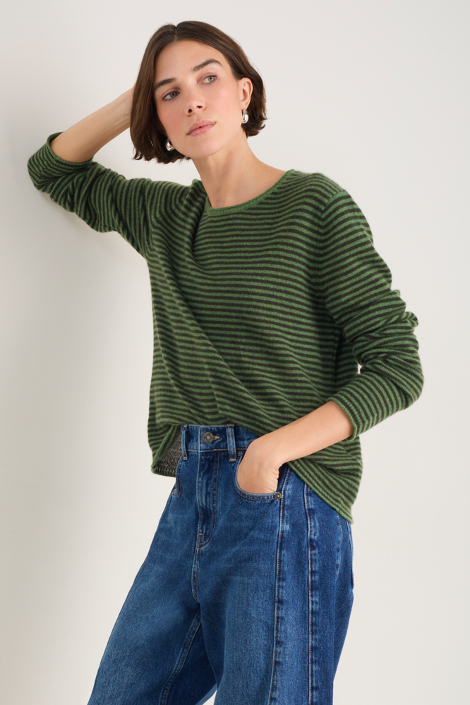 Chrissie Cashmere Jumper - Peridot/Dark Olive Micro Stripe
