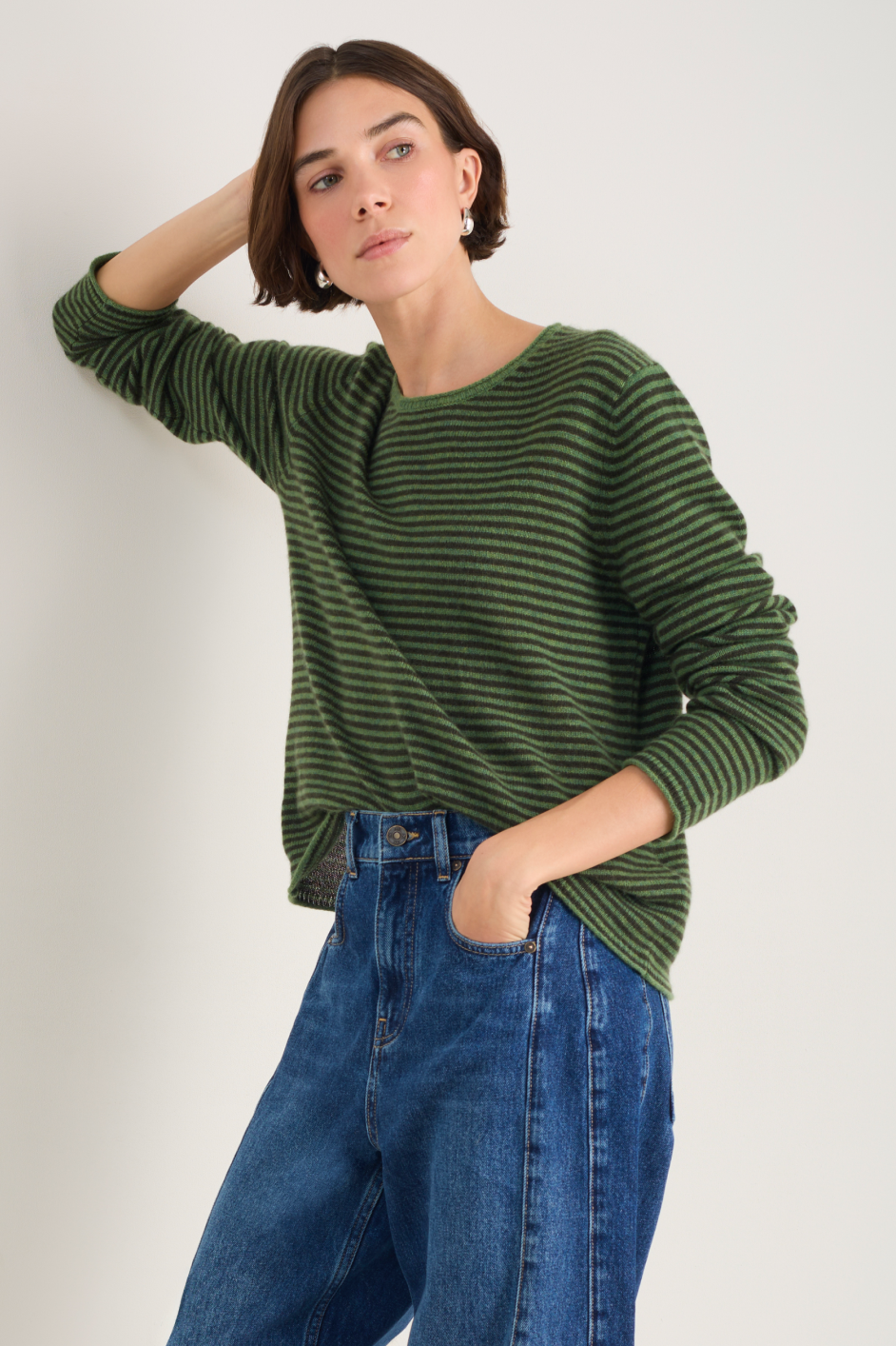 Chrissie Cashmere Jumper - Peridot/Dark Olive Micro Stripe
