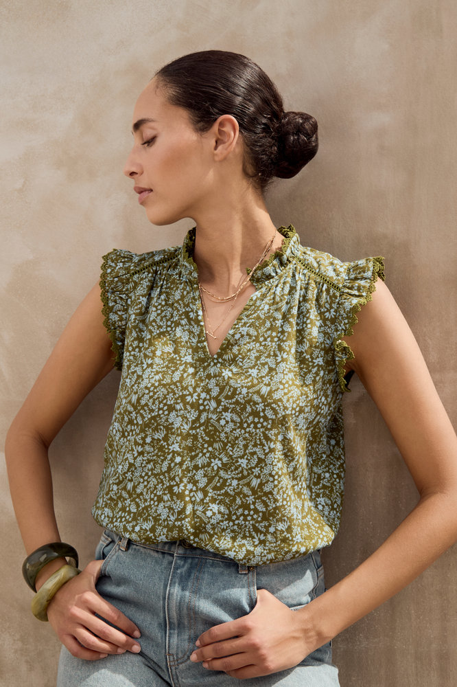 Marlow Top - Deep Olive Mono Floral