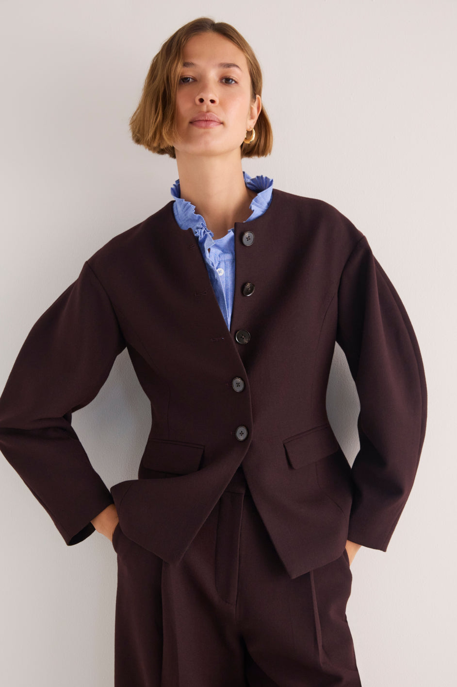 Sara Wool Blend Rounded Sleeve Jacket - Chocolate