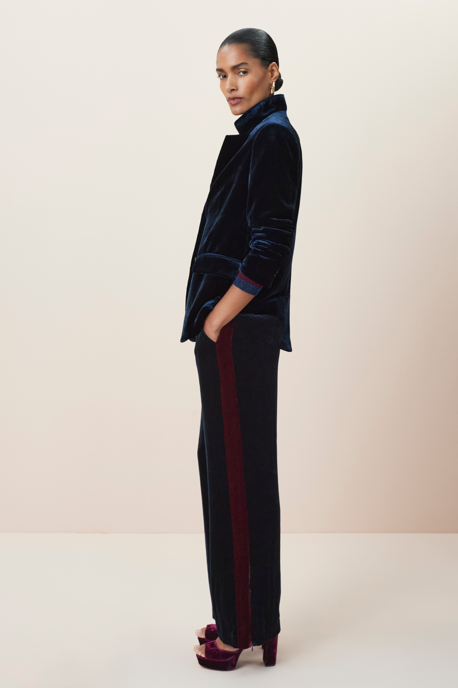 Aurora Silk Velvet Trouser - Midnight/Plum Stripe