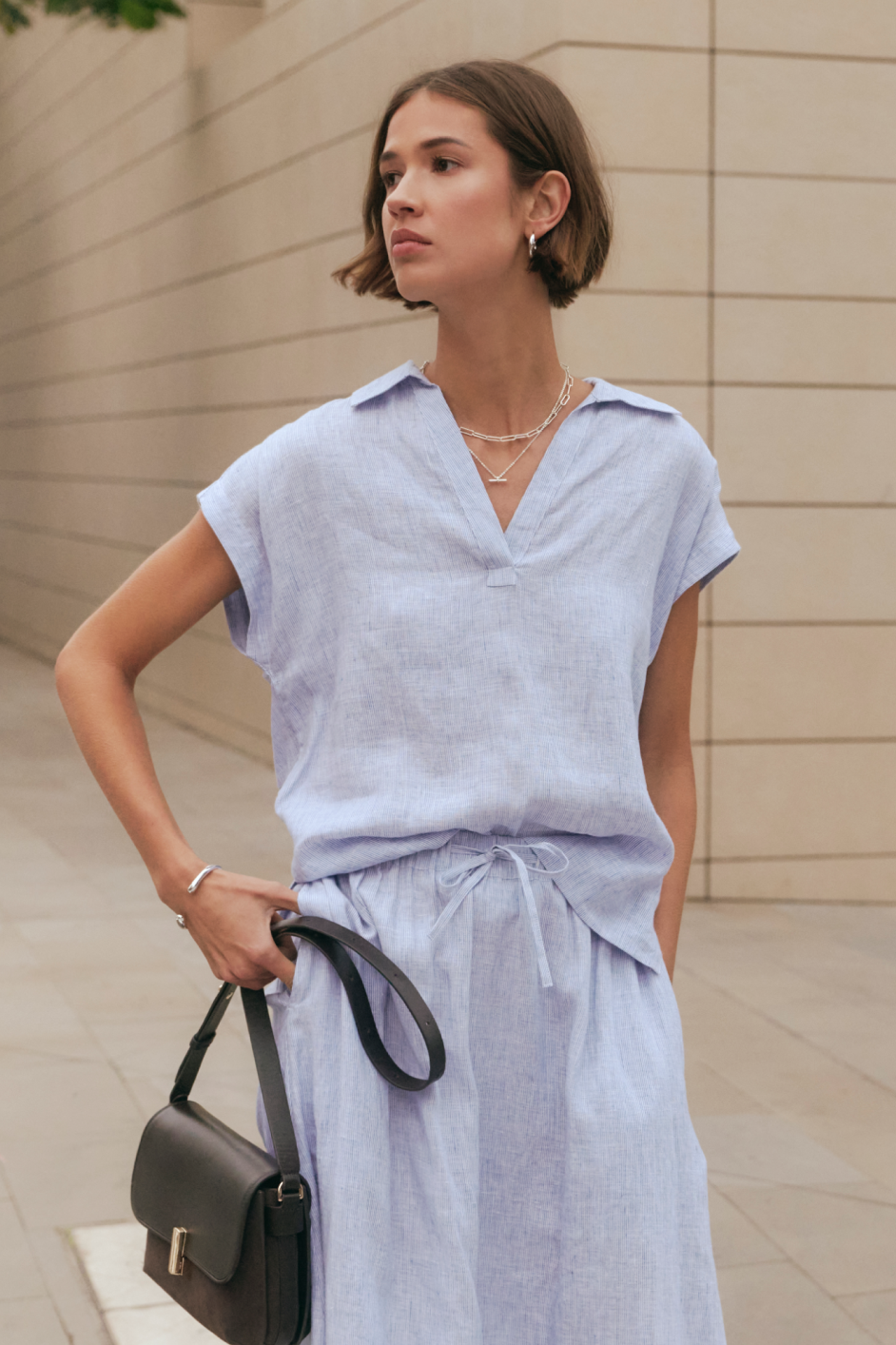 Marina Linen Top - Blue/Ivory Stripe