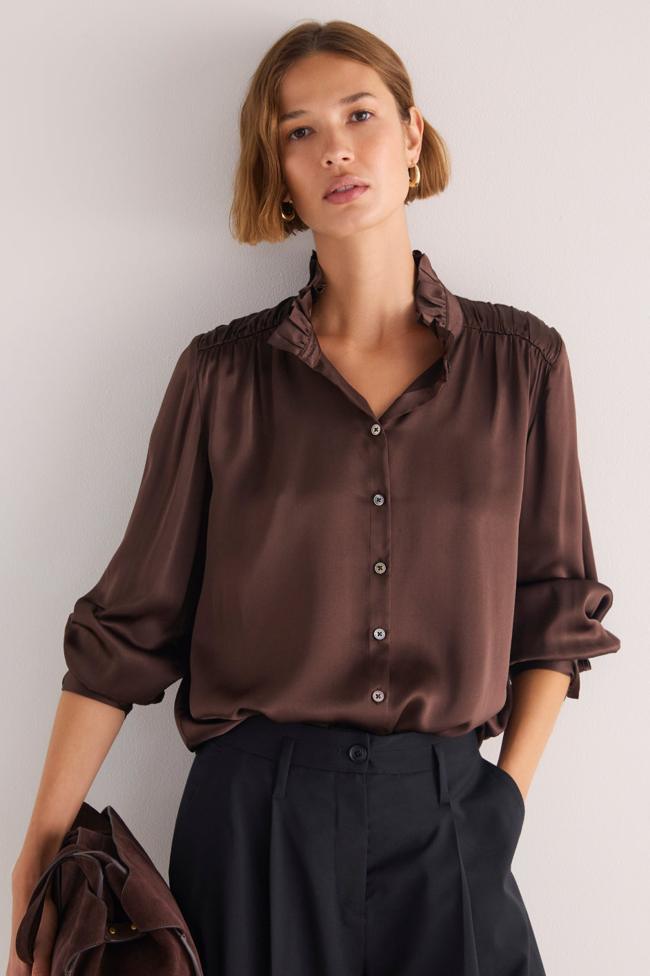 Clemmy Silk Satin Blouse - Cocoa