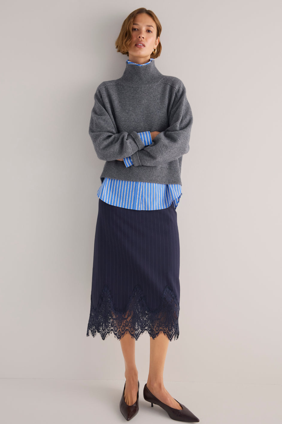 Lani Lace Trim Skirt - Navy Pinstripe