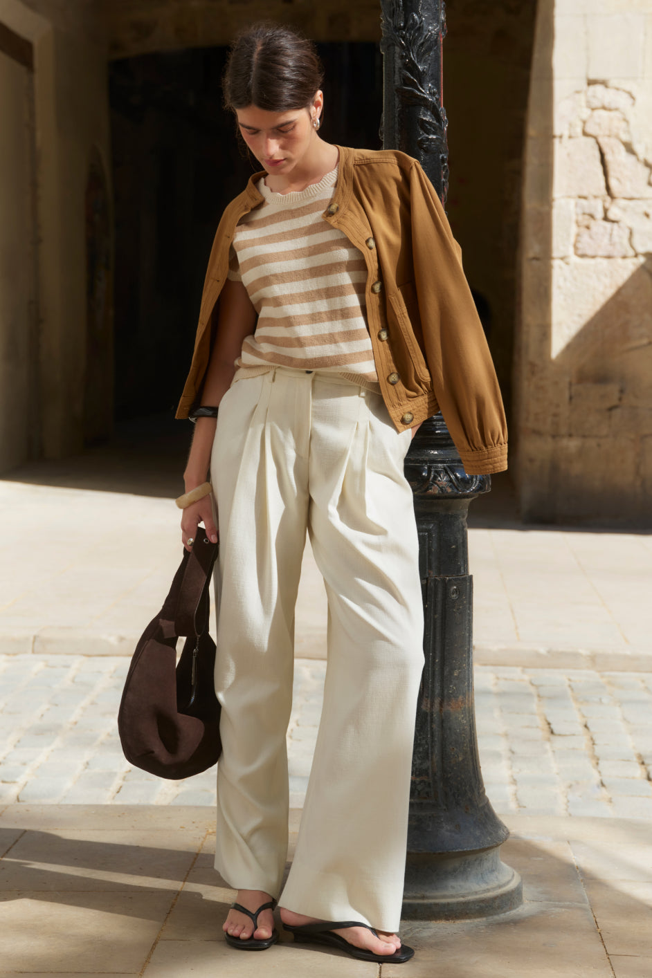 Fleurine Linen Cotton Tank - Tan/Ivory Stripe