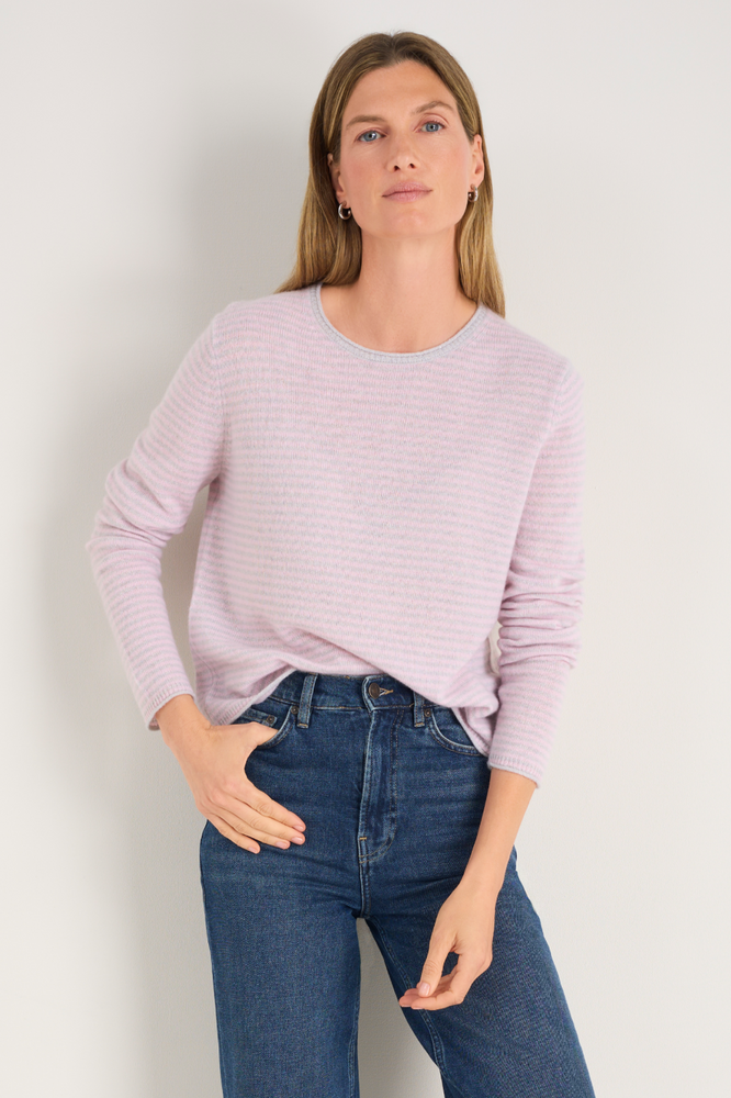 Chrissie Cashmere Jumper - Silver/Blossom Pink Micro Stripe