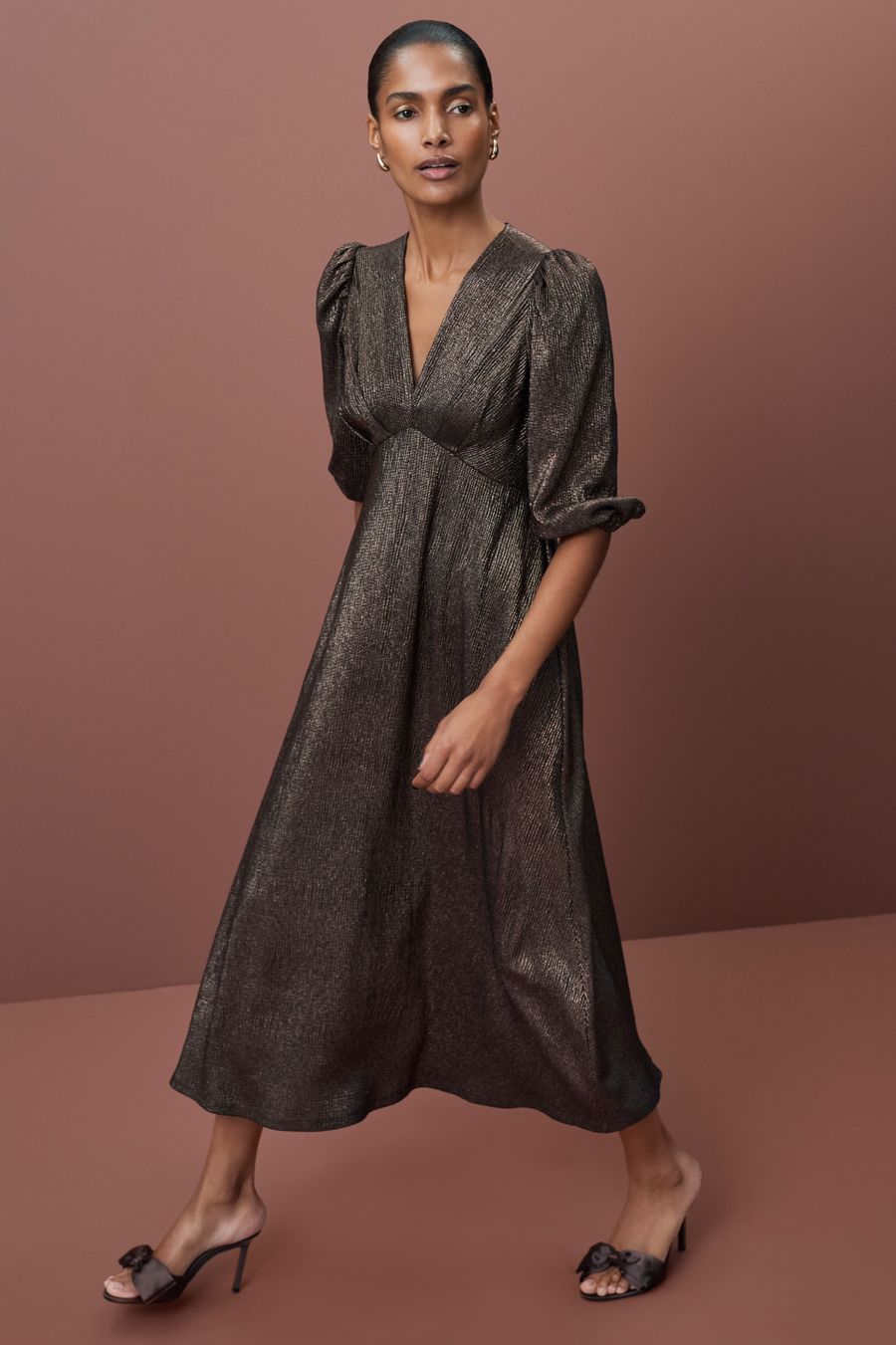 Caley 3/4 Sleeve Dress - Cocoa Metallic