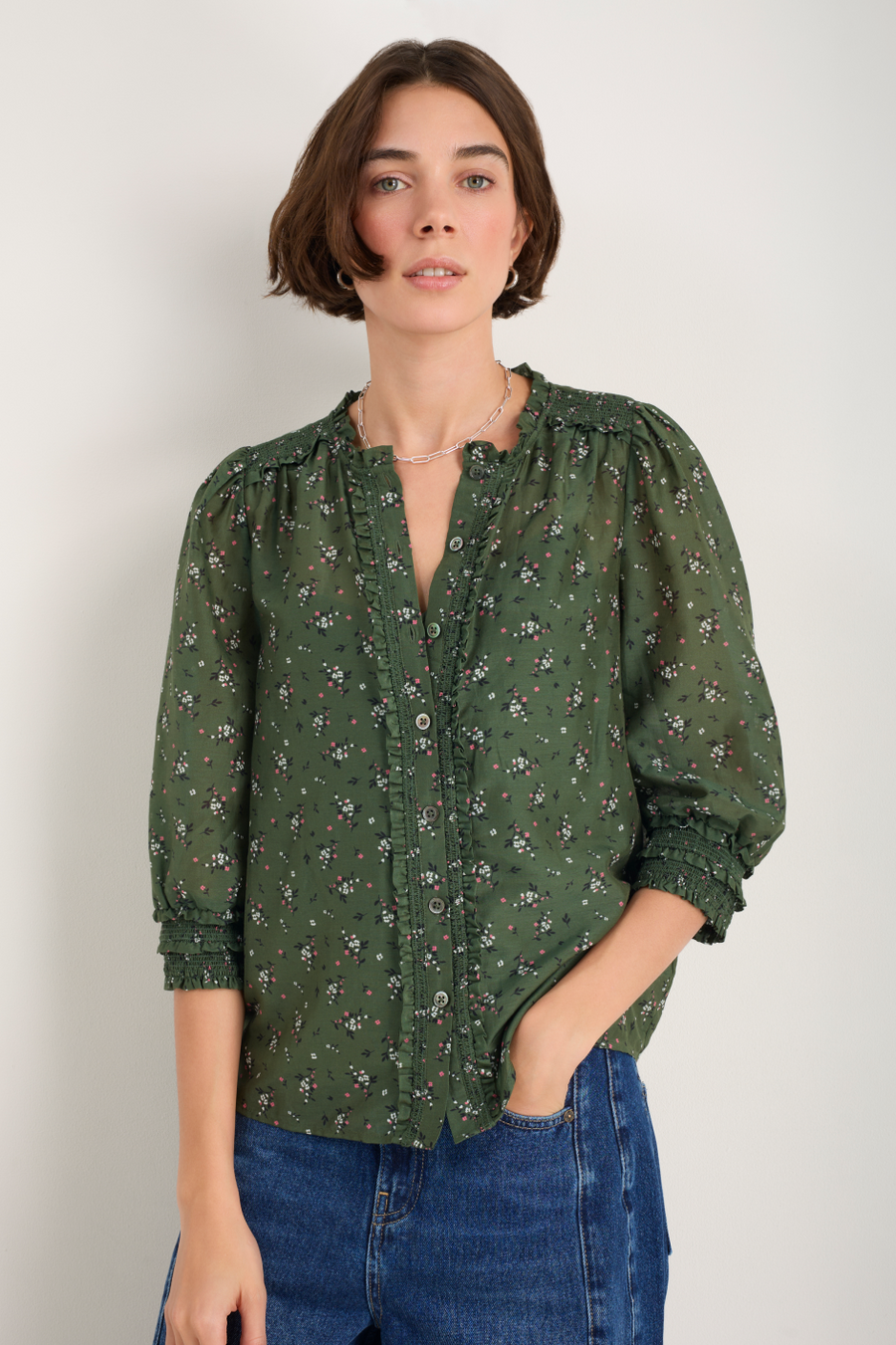 Maeve Silk Blend Blouse - Deep Olive Sprig Floral
