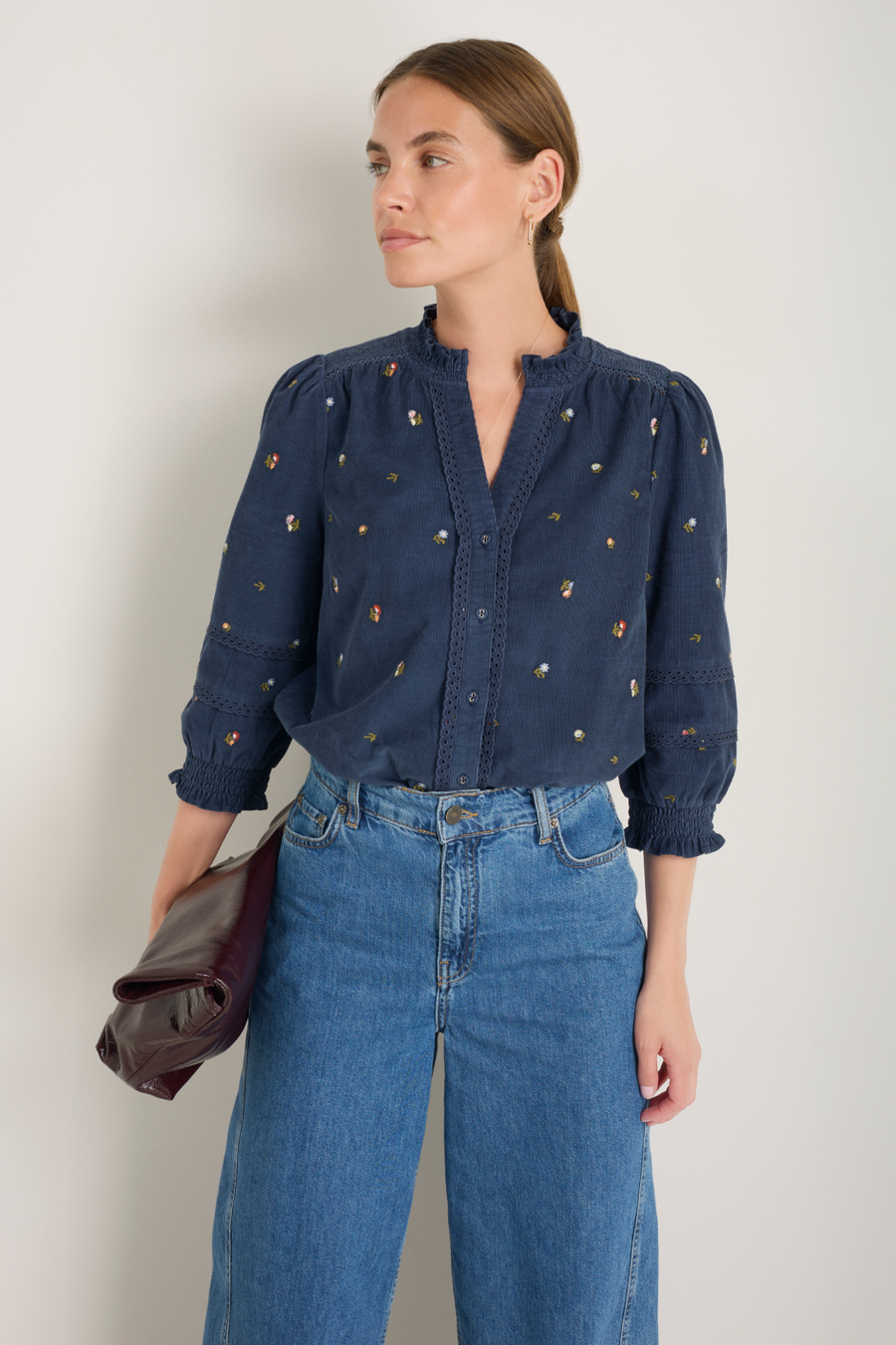 Alina Cord Blouse - Midnight Embroidered