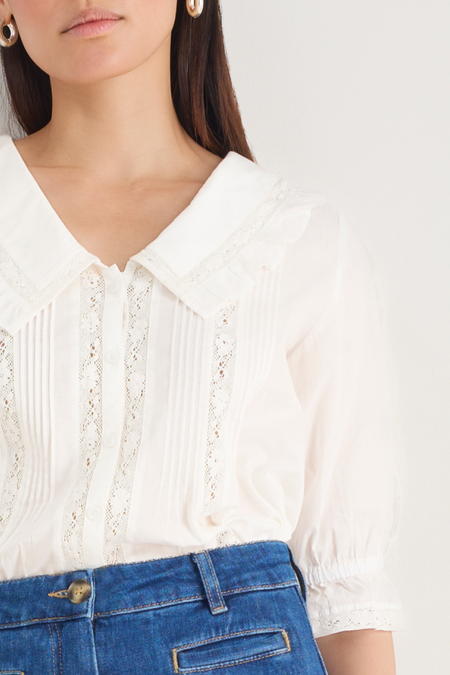 Close up of V-neck collar and button placket