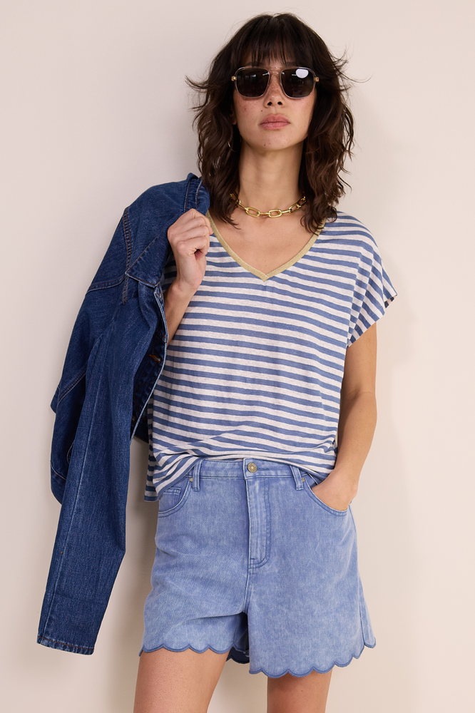 Chiara Linen V Neck Tee - Denim Blue/Ivory Stripe