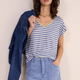 Chiara Linen V Neck Tee - Denim Blue/Ivory Stripe