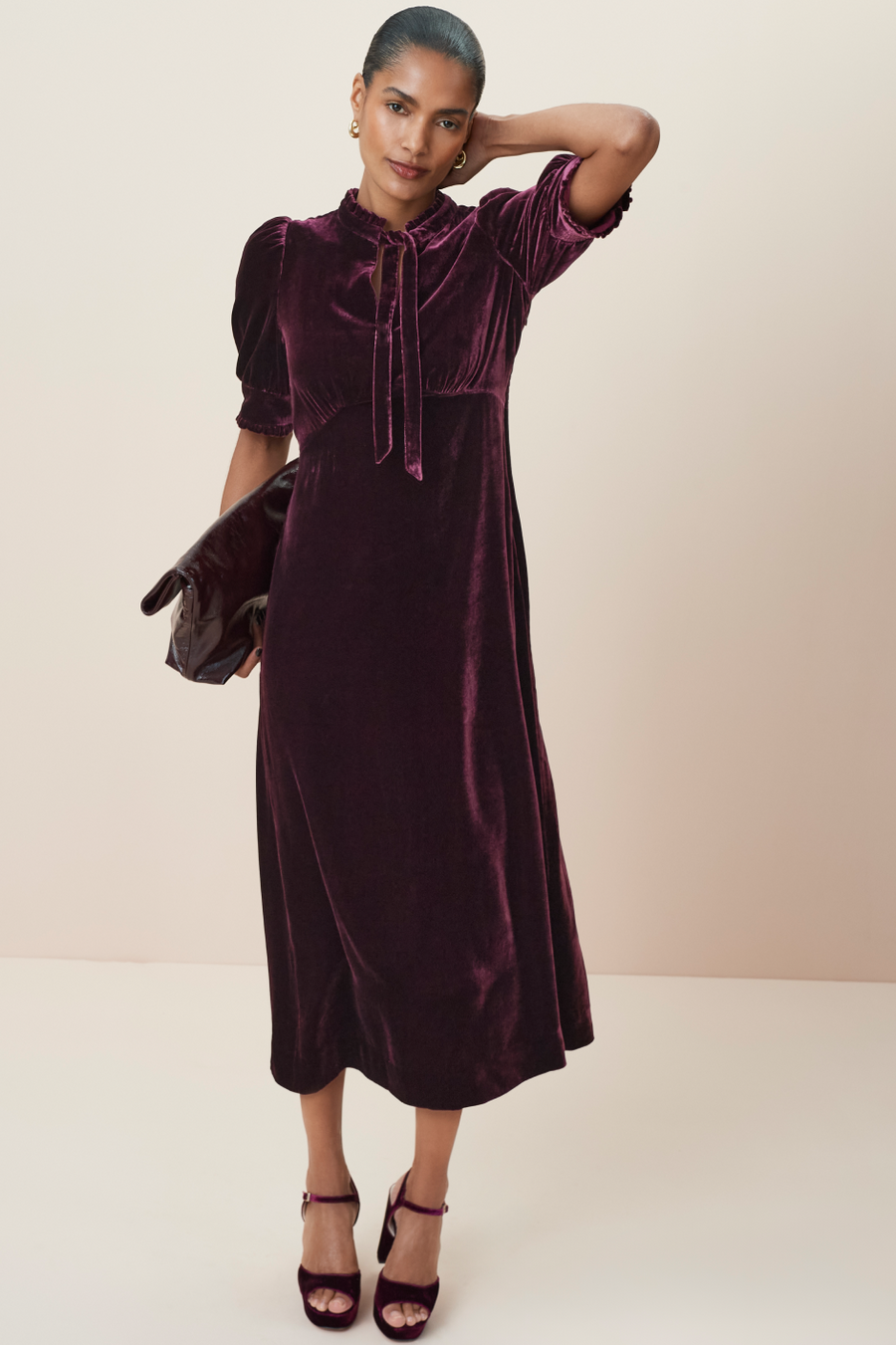 Paulina Silk Velvet Dress - Deep Fig WYSE London Paulina Silk Velvet Dress - Deep Fig WYSE London