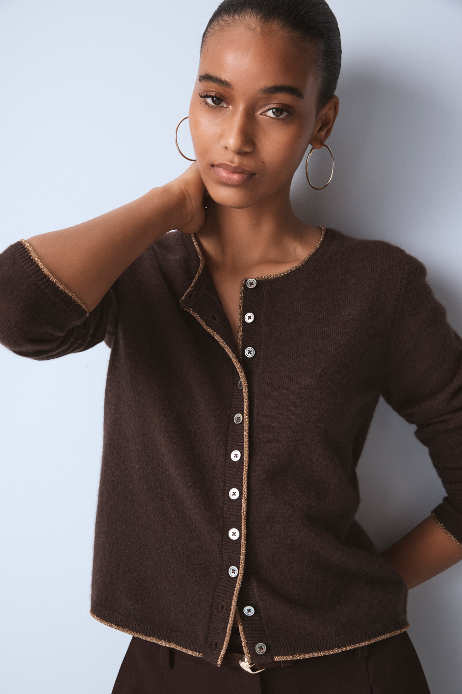 Katie Cashmere Cardigan - Chocolate Metallic Trim