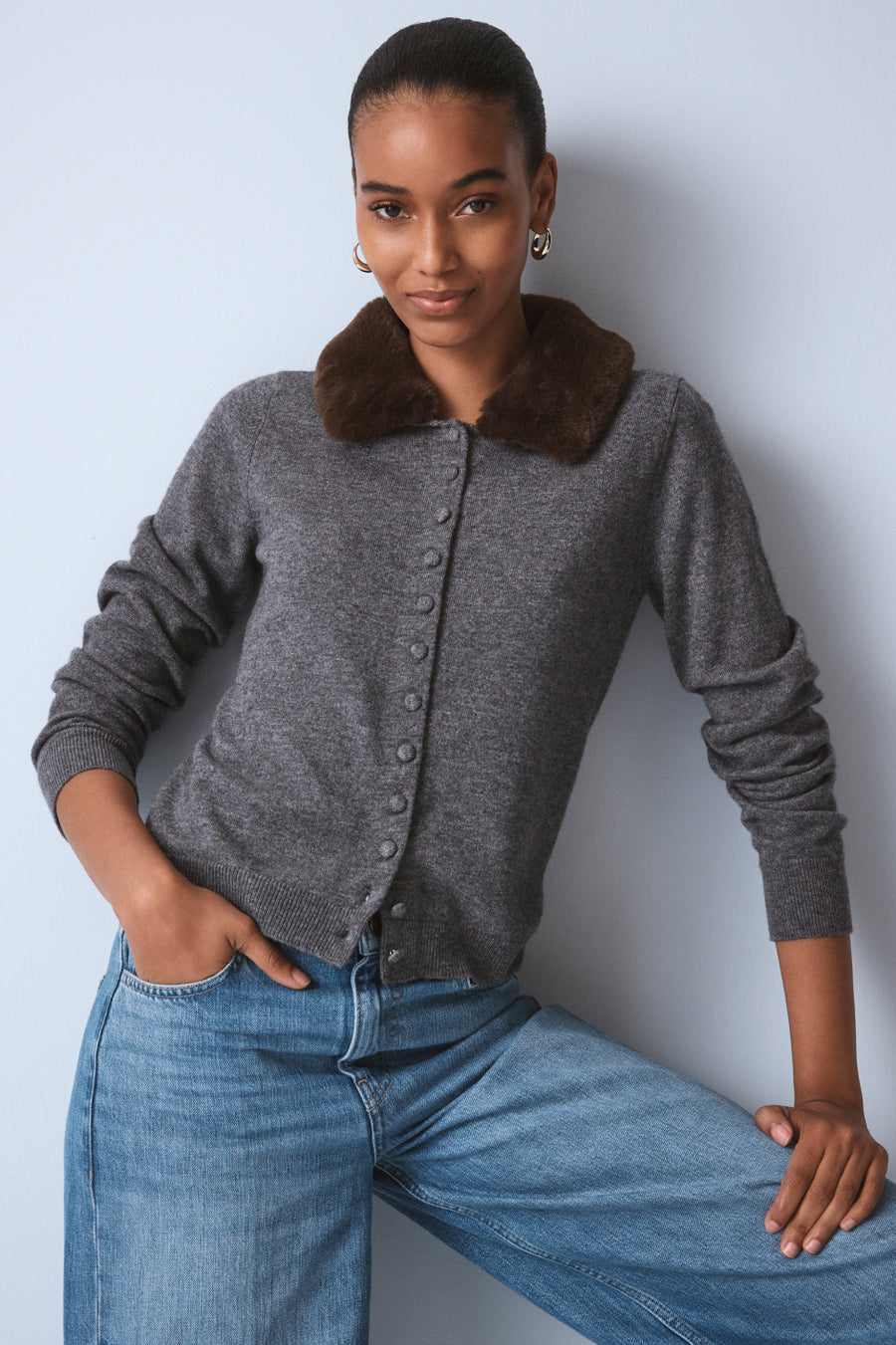 Lana Fur Collar Cardigan - Mid Grey Melange