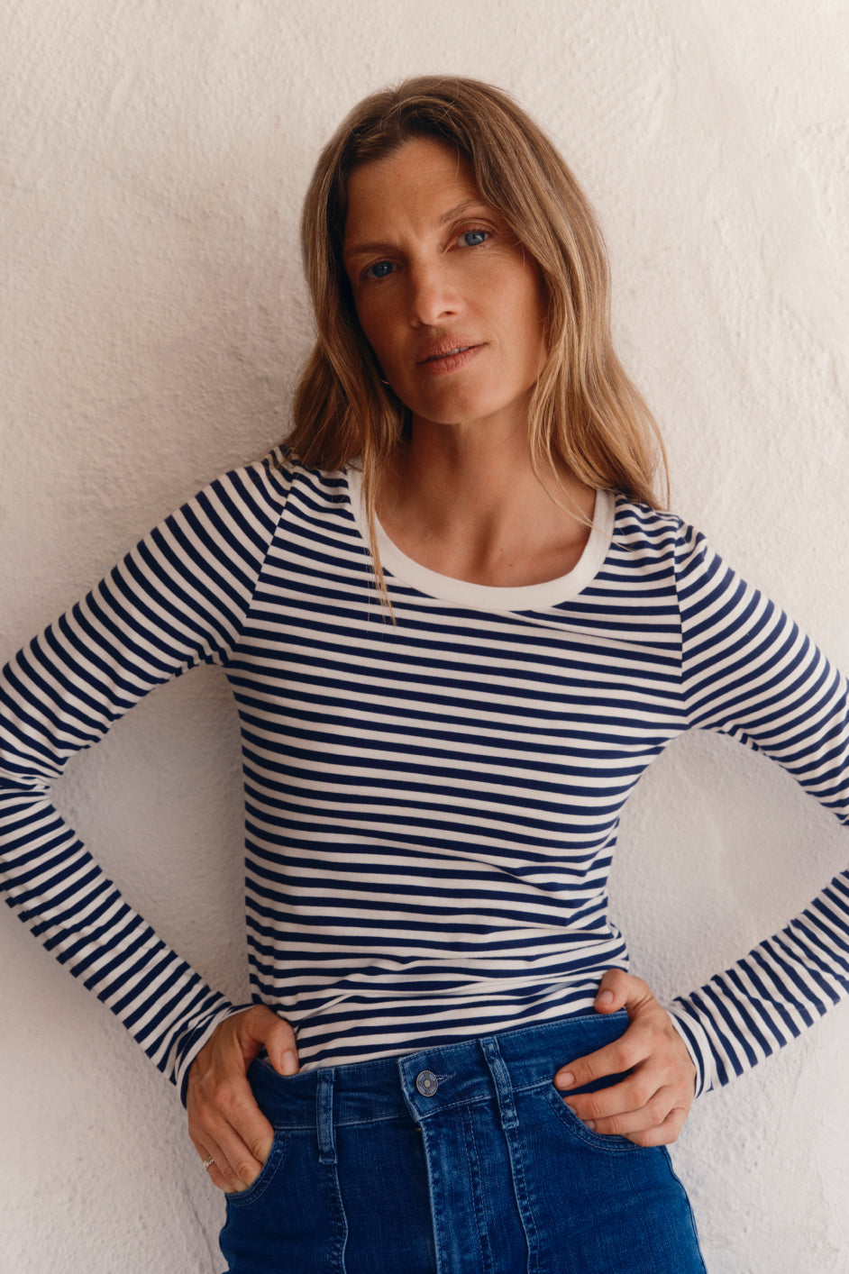 Marnie Long Sleeve Jersey Scoop Top - Midnight/Ivory Stripe