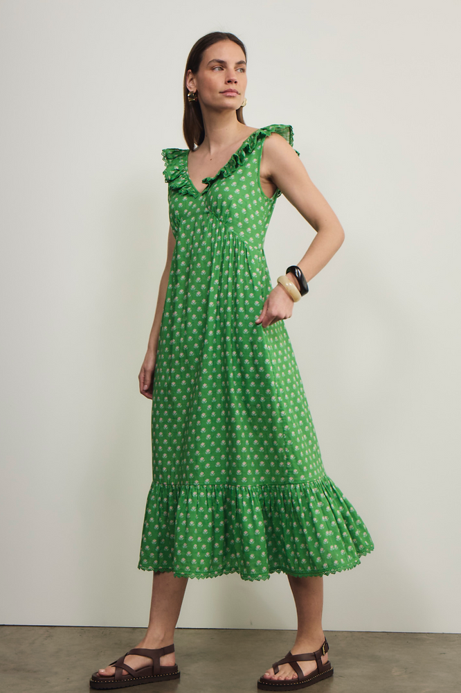 Astrid Dress - Jade Green Flora Woodblock