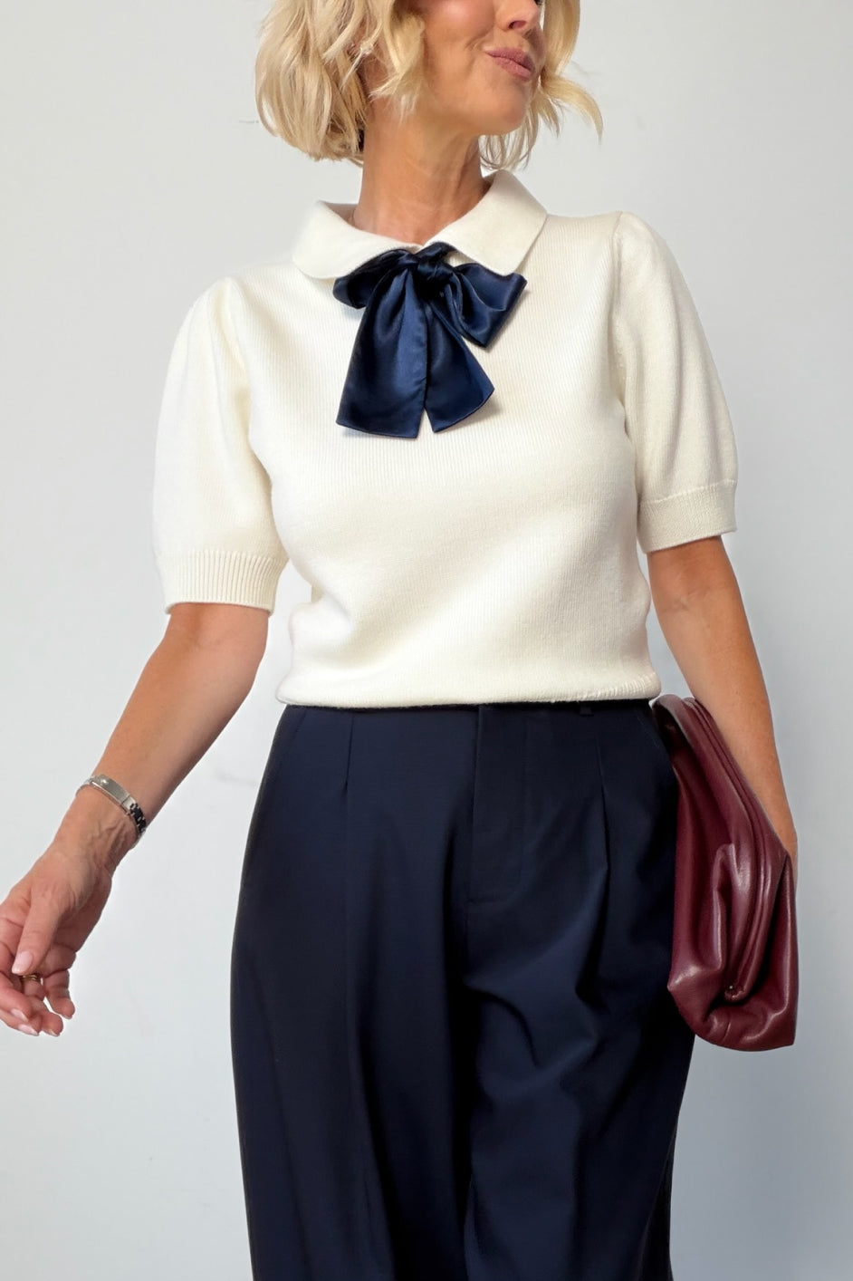 Cath x WYSE Gabrielle Tie Knit Top - Ivory