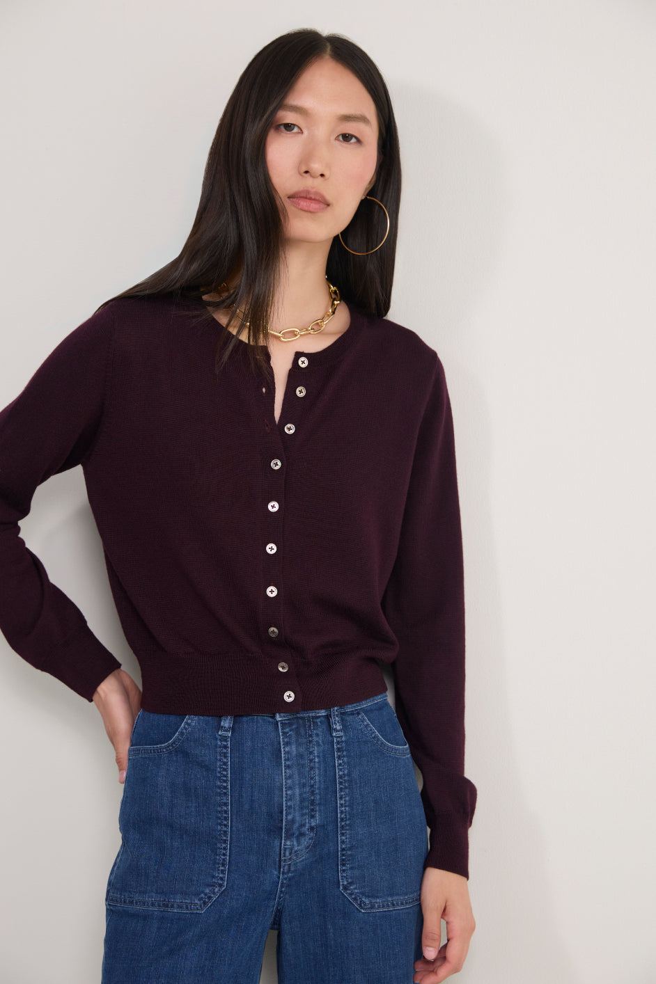 Katie Merino Cardigan - Aubergine