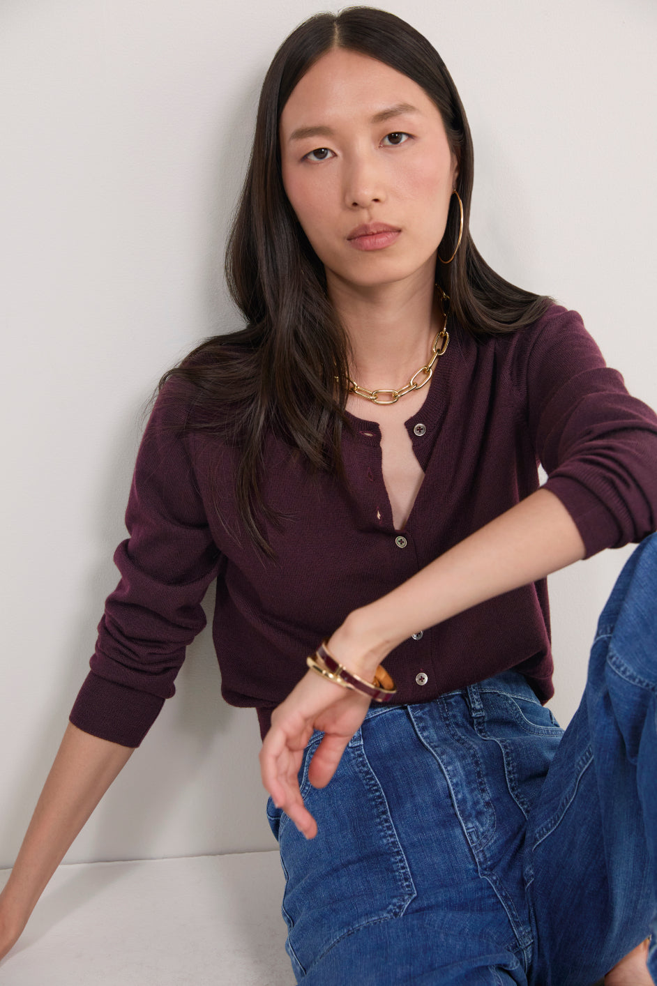 Katie Merino Cardigan - Aubergine