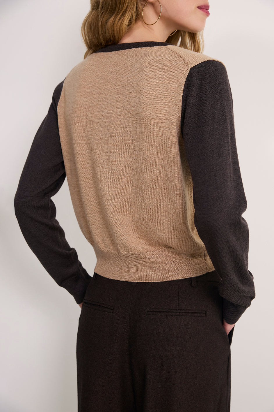 Katie Merino Cardigan - Chocolate/Oat Colourblock