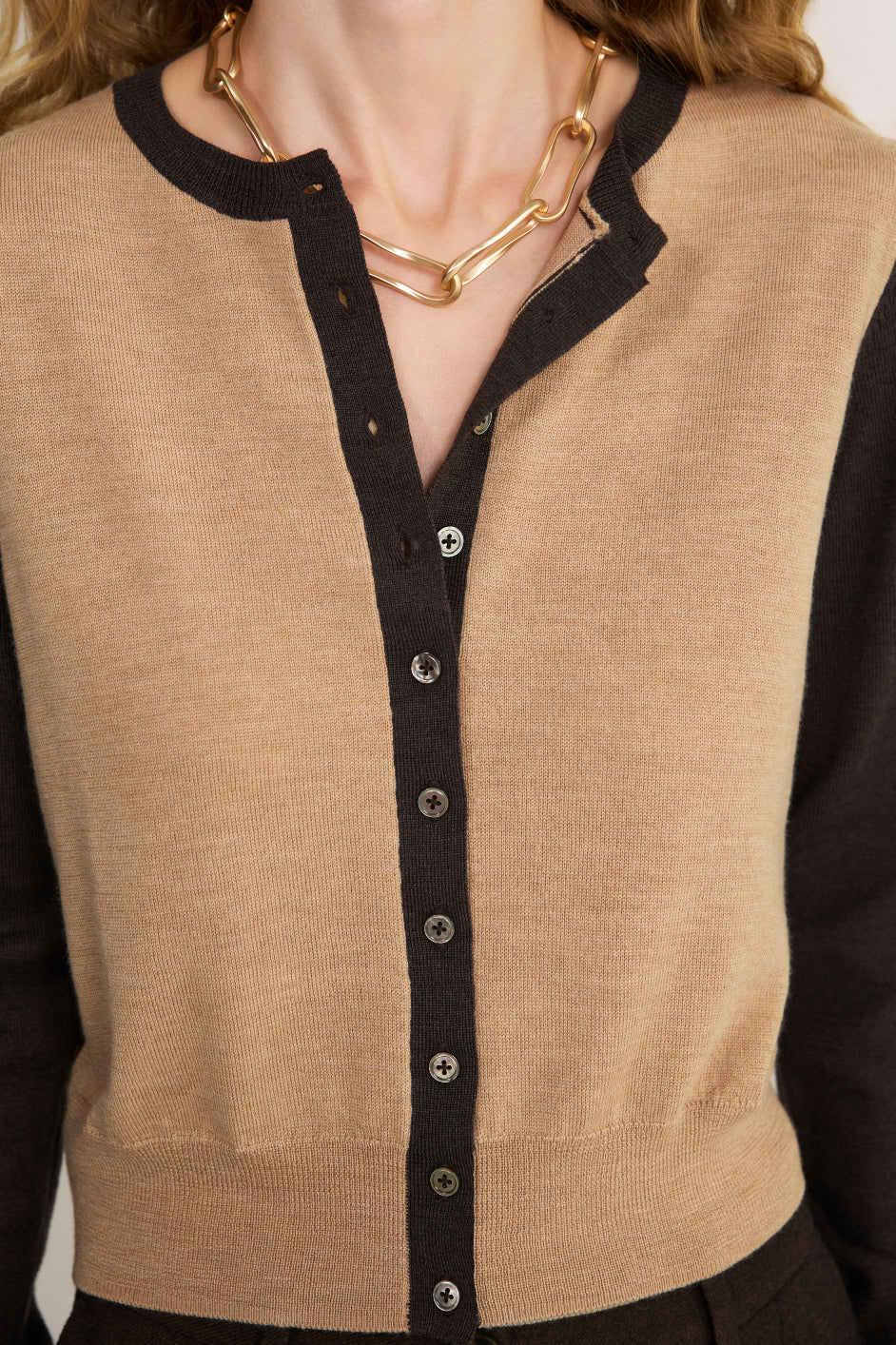 Katie Merino Cardigan - Chocolate/Oat Colourblock