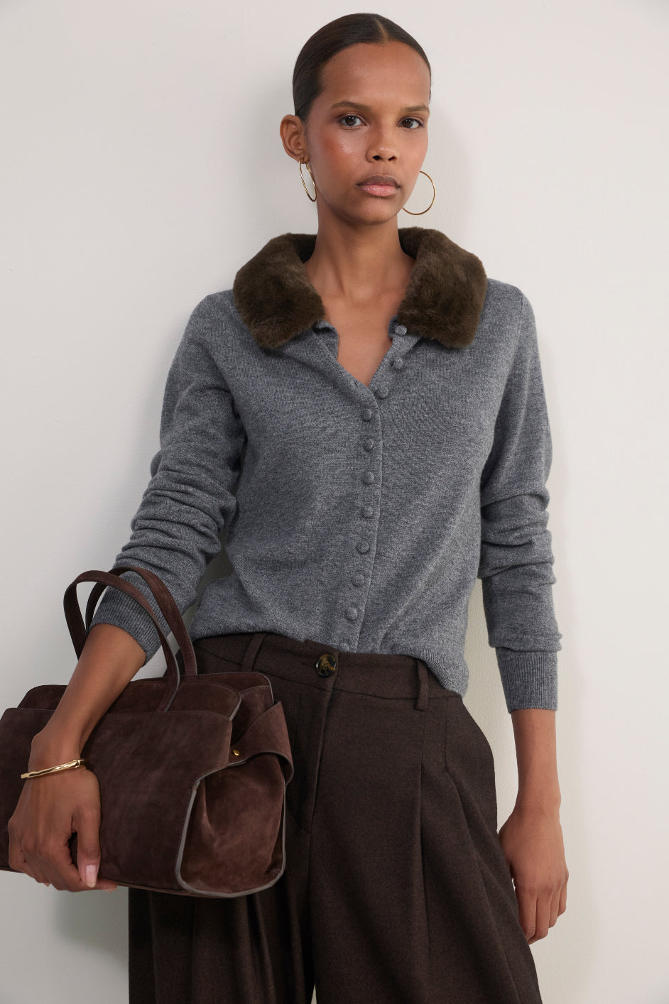 Lana Fur Collar Cardigan - Mid Grey Melange