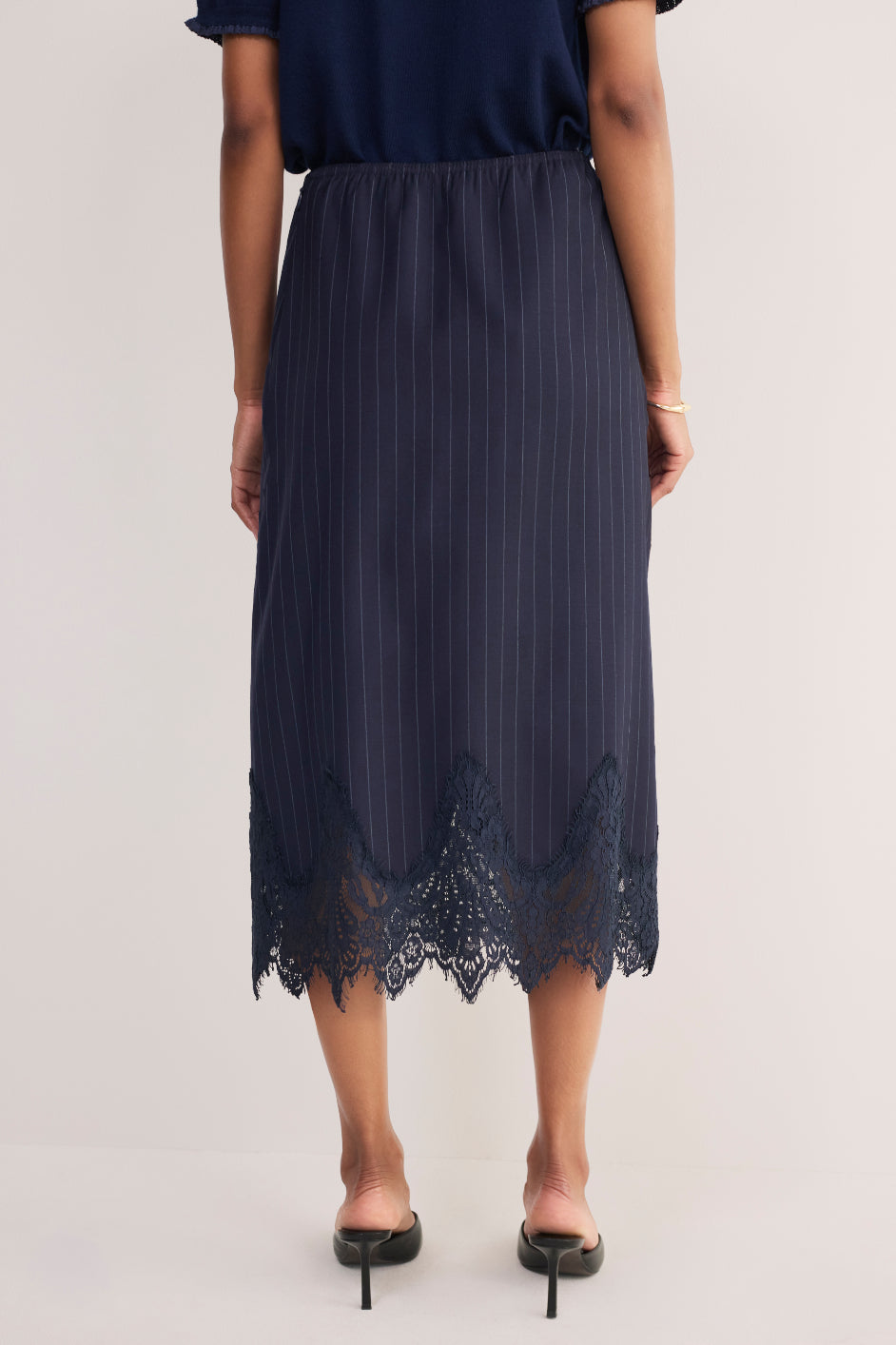 Lani Lace Trim Skirt - Navy Pinstripe