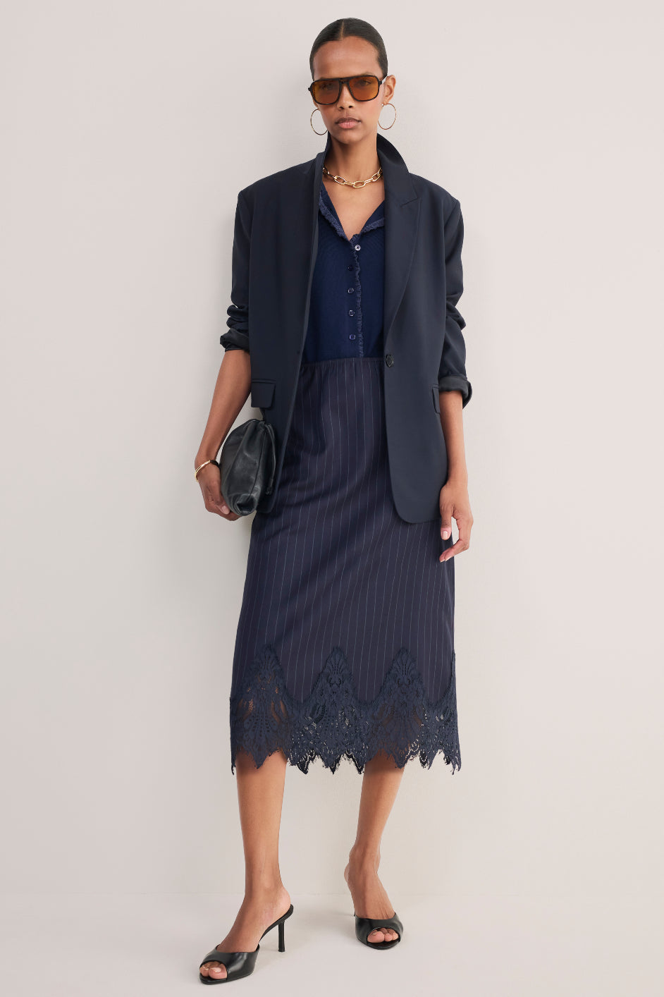 Lani Lace Trim Skirt - Navy Pinstripe