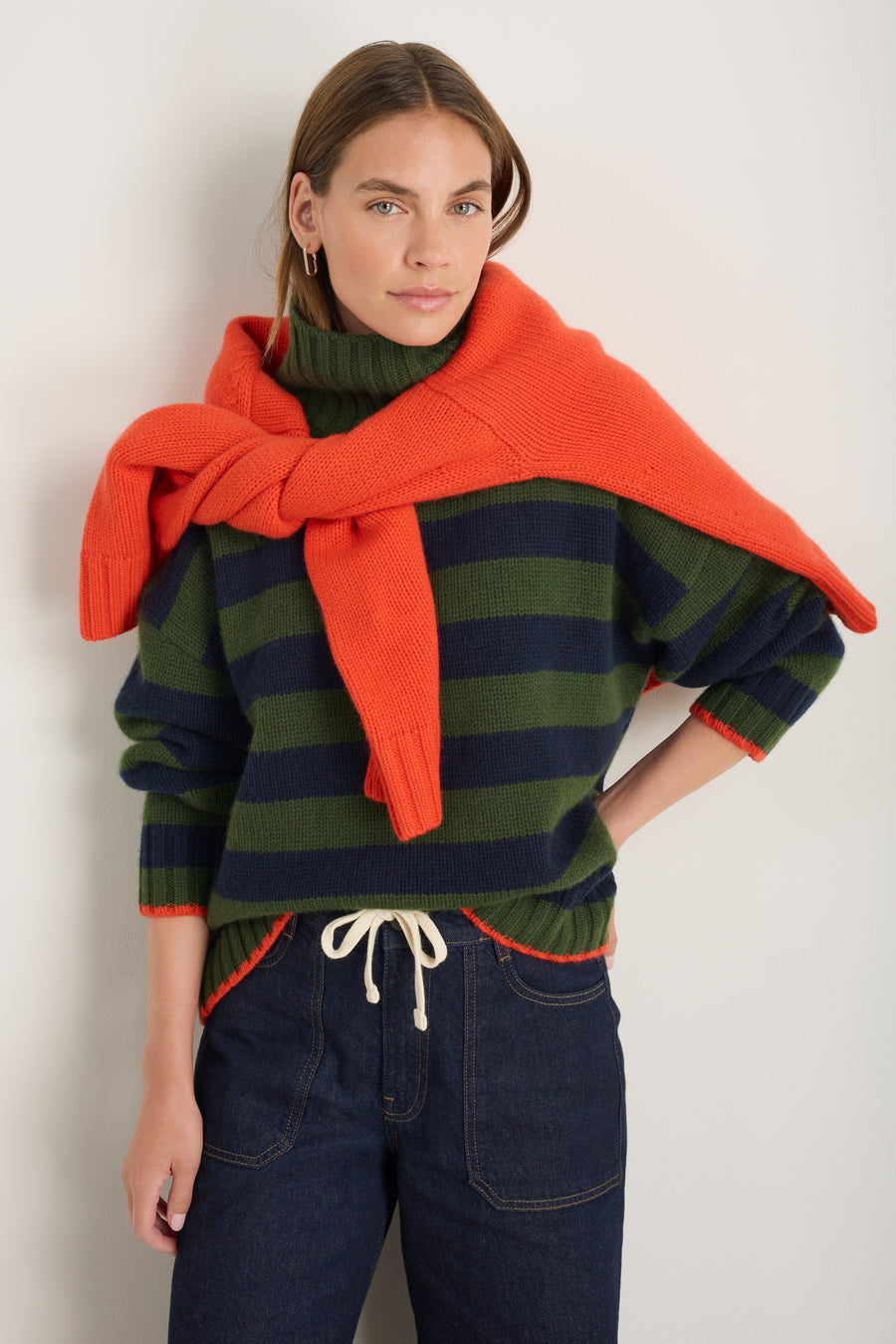 Liana Chunky Funnel Neck Jumper - Midnight/Military Green Stripe