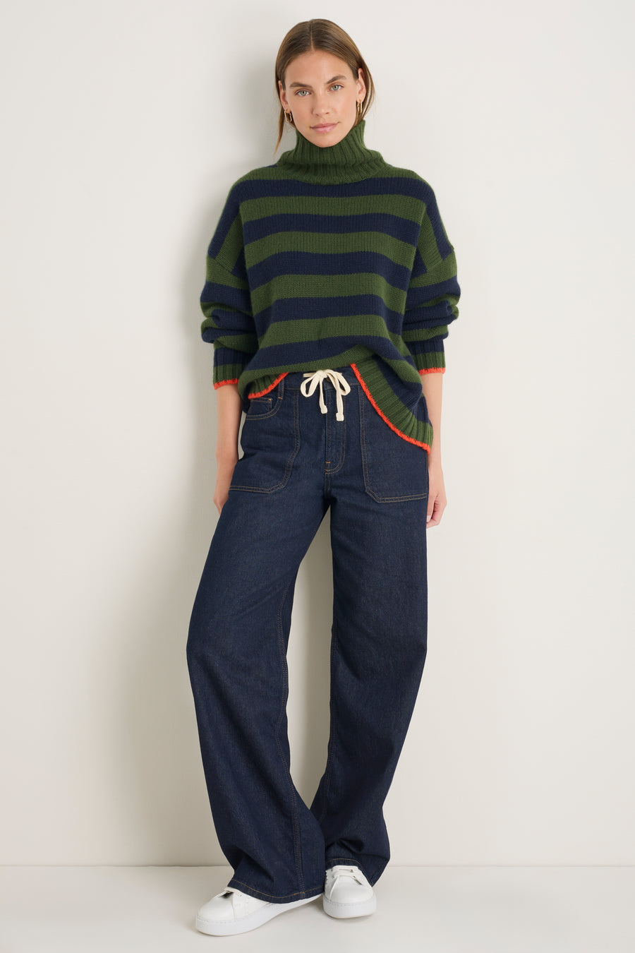 Liana Chunky Funnel Neck Jumper - Midnight/Military Green Stripe