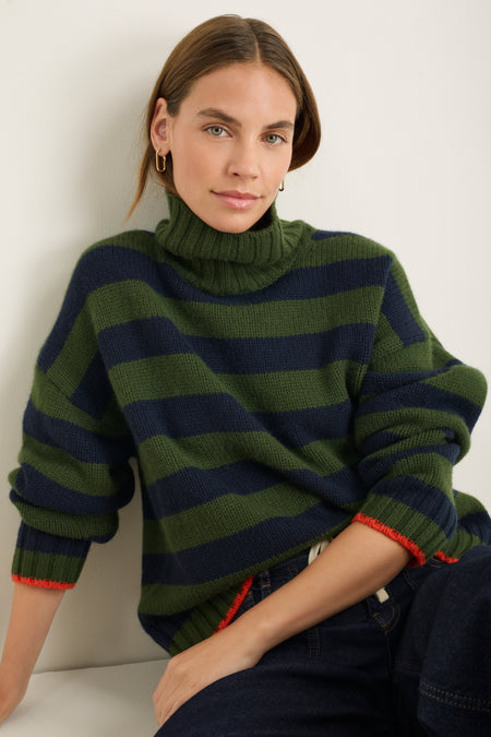 Liana Chunky Funnel Neck Jumper - Midnight/Military Green Stripe