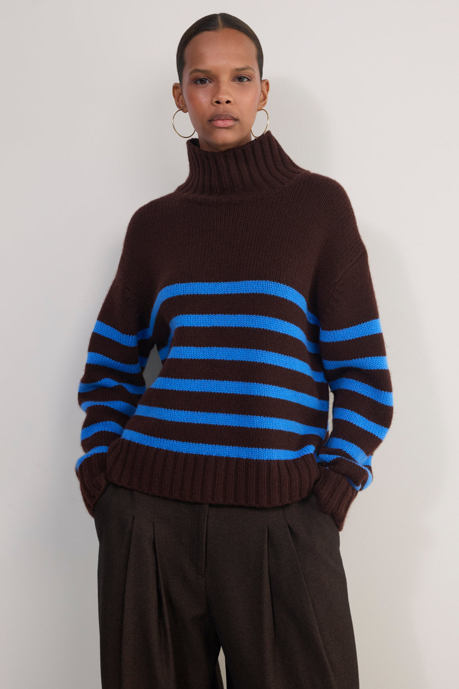 Liana Chunky Funnel Neck Jumper - Brown/Cobalt Stripe