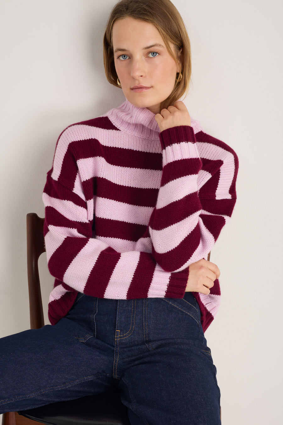 Liana Chunky Funnel Neck Jumper - Deep Fig/Blossom Pink Stripe
