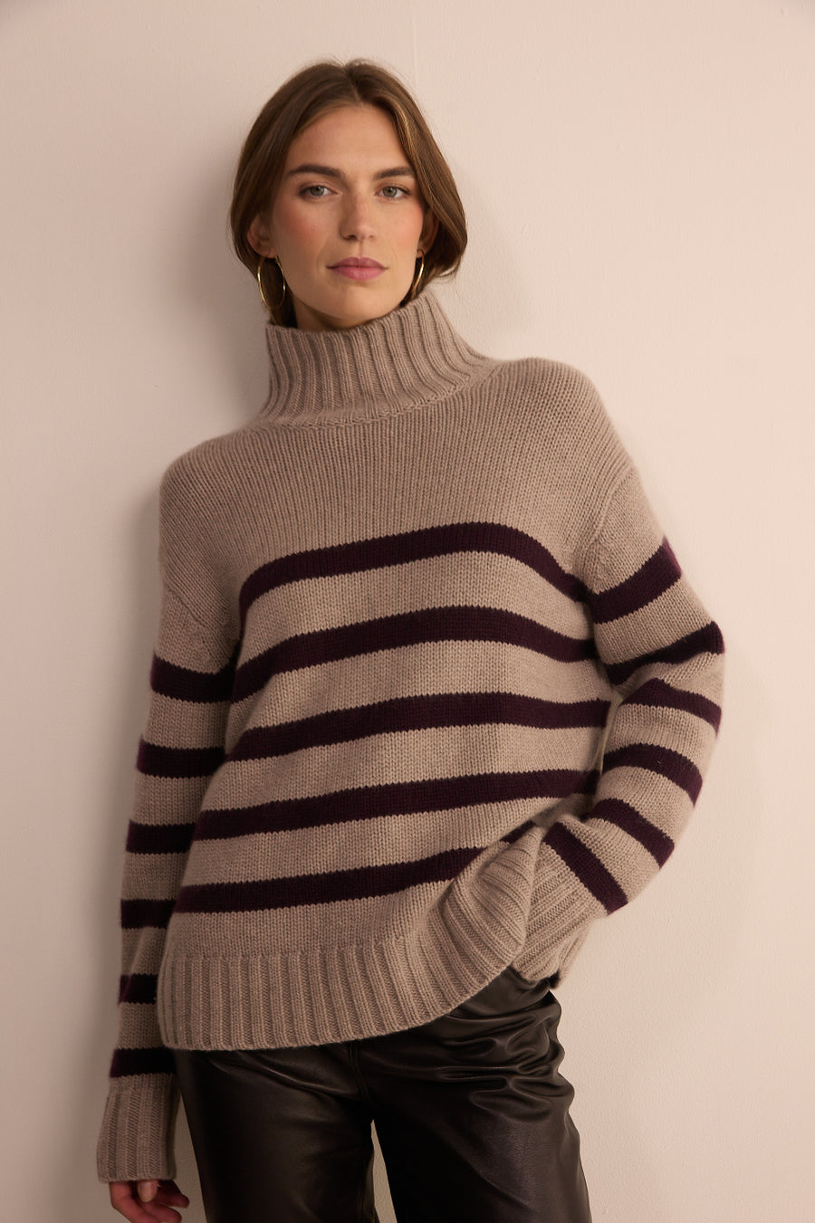 Liana Chunky Funnel Neck Jumper - Taupe/Aubergine Stripe