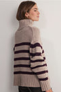 Liana Chunky Funnel Neck Jumper - Taupe/Aubergine Stripe