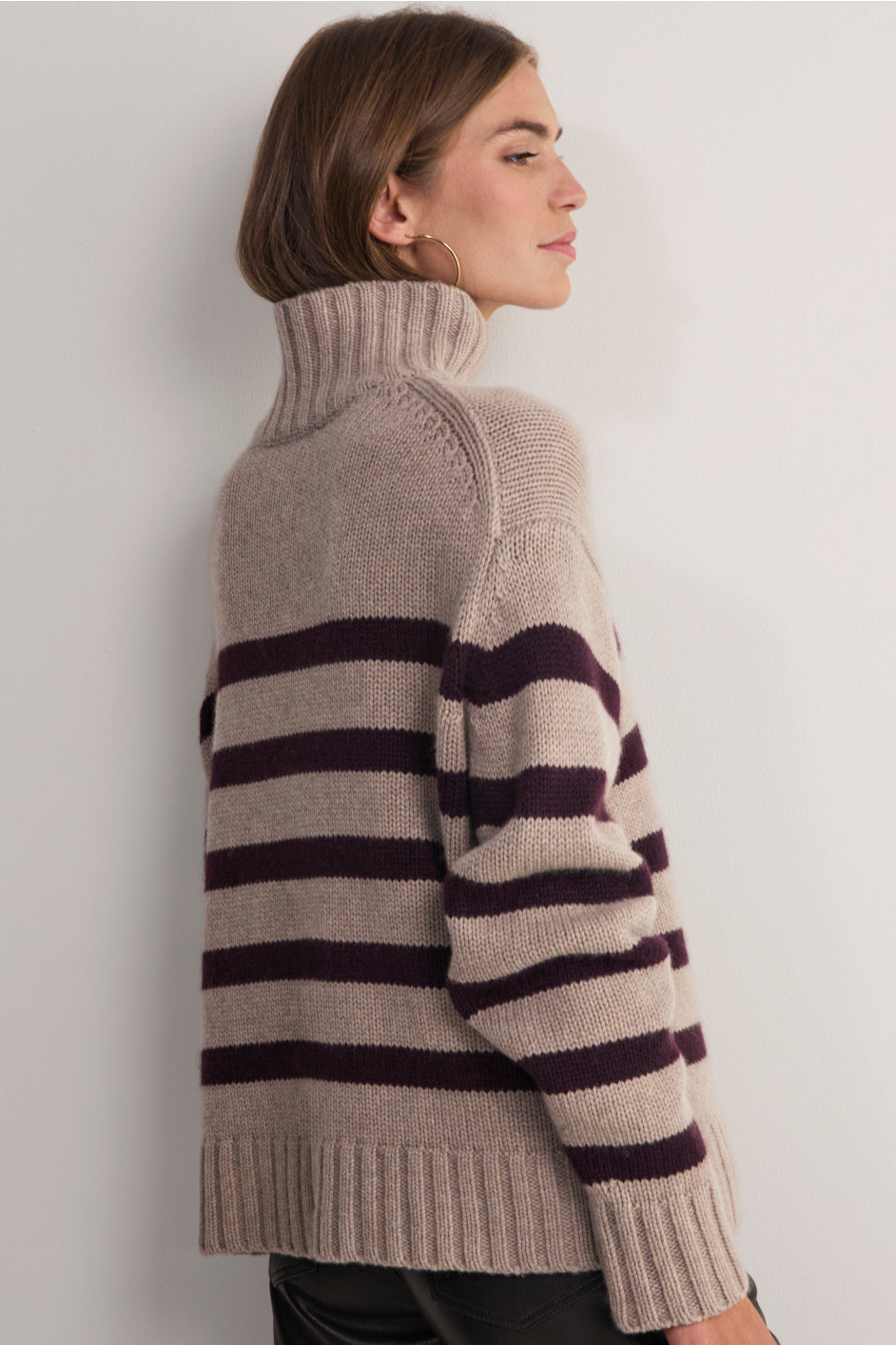 Liana Chunky Funnel Neck Jumper - Taupe/Aubergine Stripe