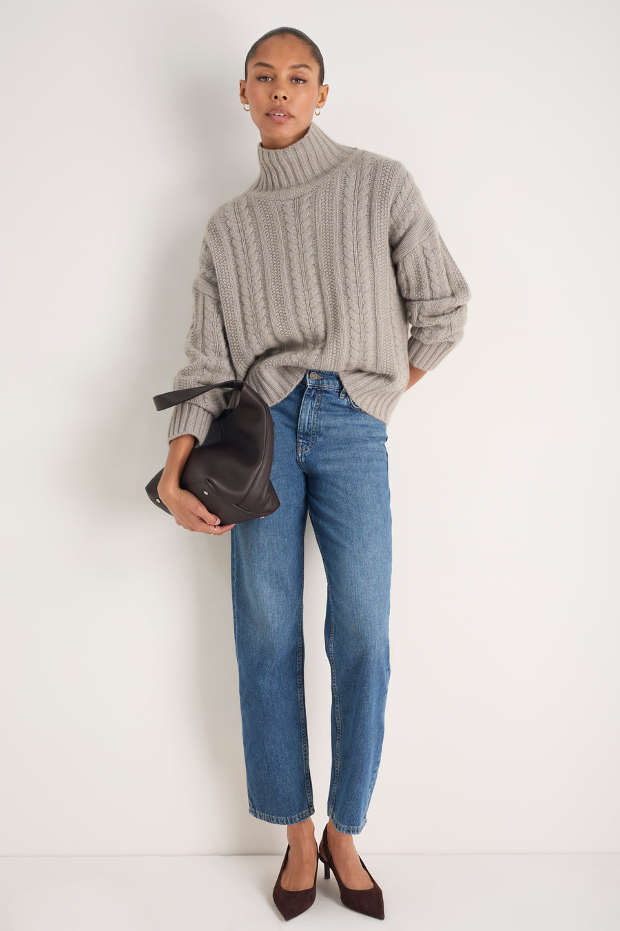 Liana Chunky Funnel Neck Jumper - Taupe Cable