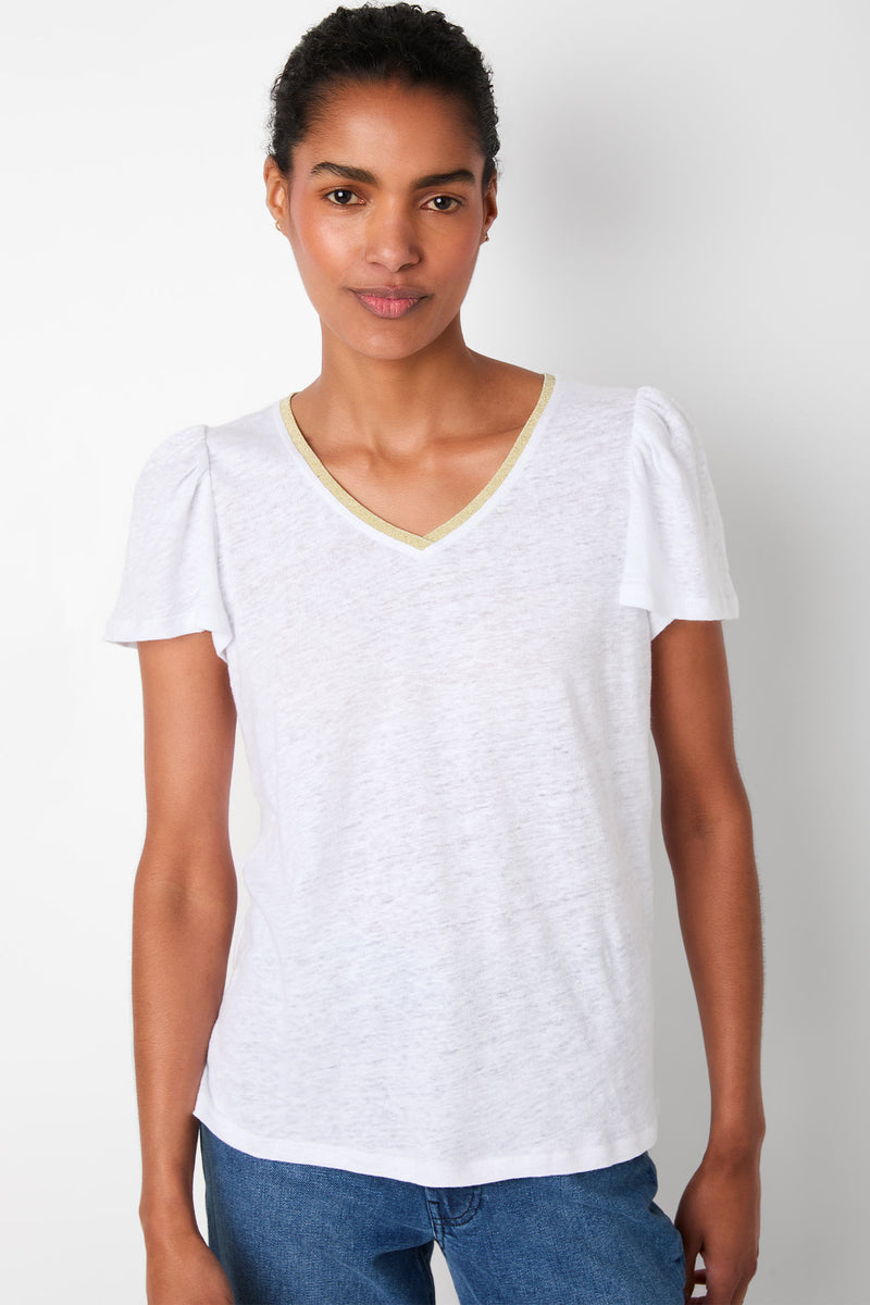 Lily Shimmer Trim Linen Tee - White/Gold
