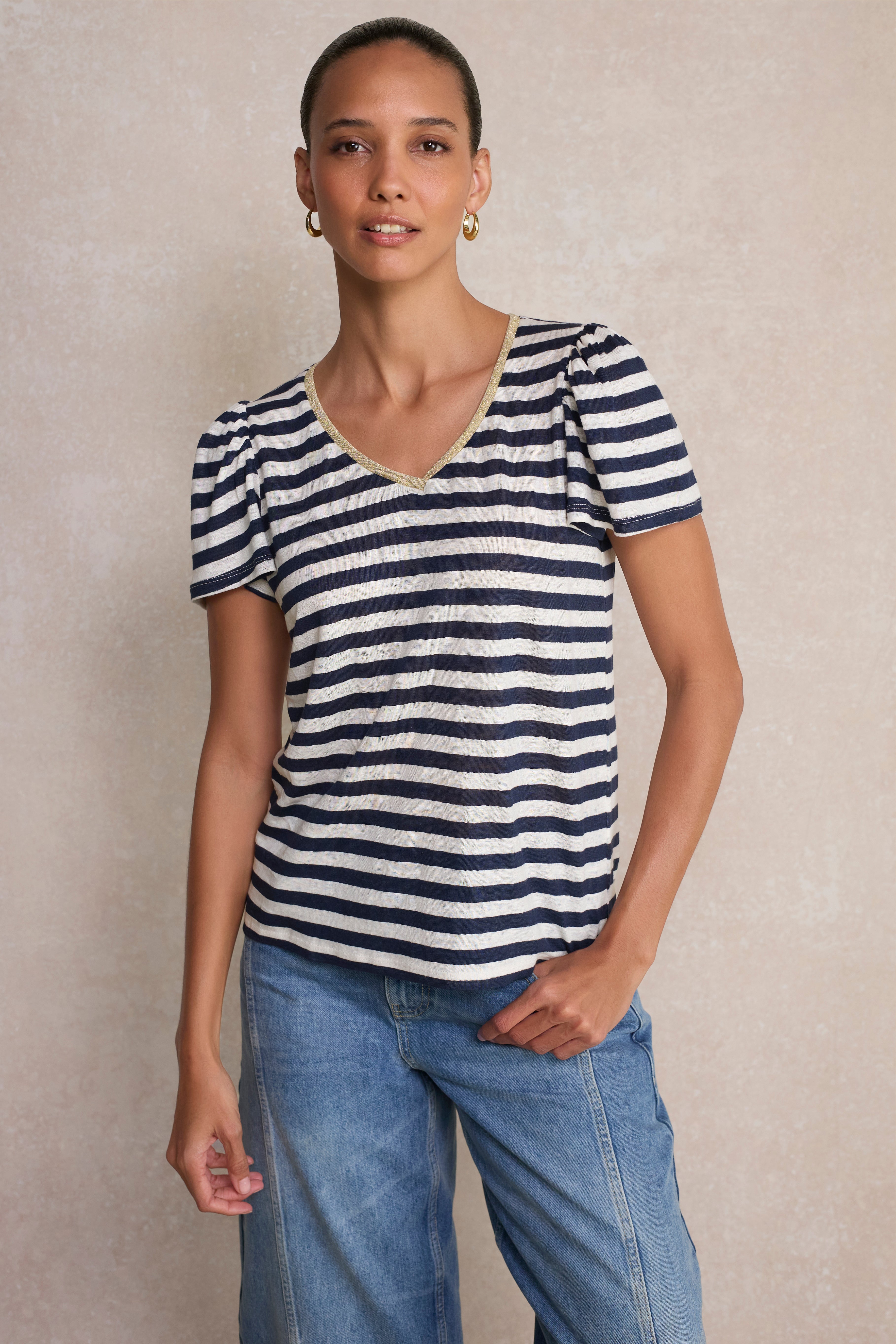 Lily Linen V-Neck Tee - Midnight/Ivory Stripe