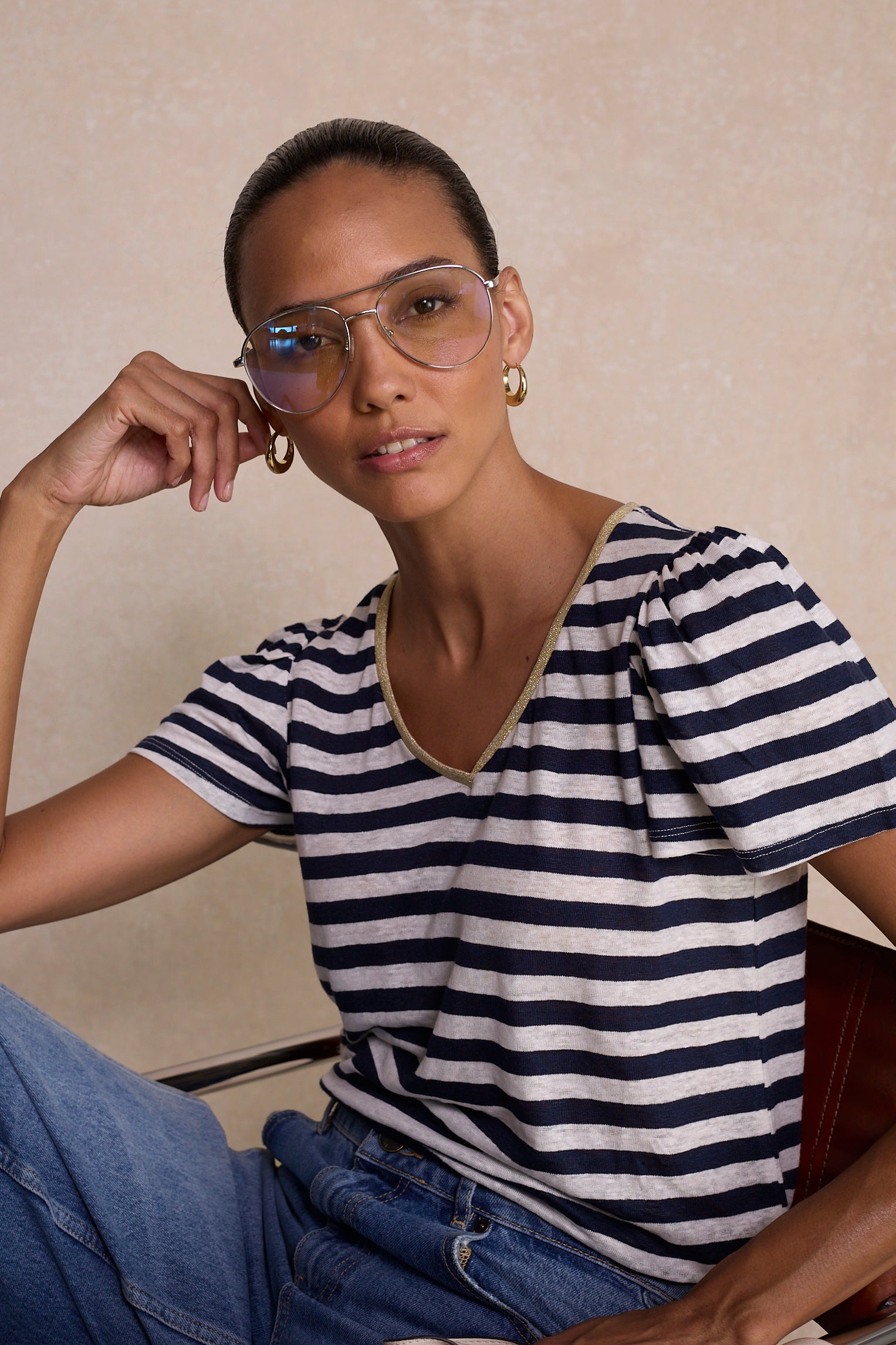 Lily Linen V-Neck Tee - Midnight/Ivory Stripe