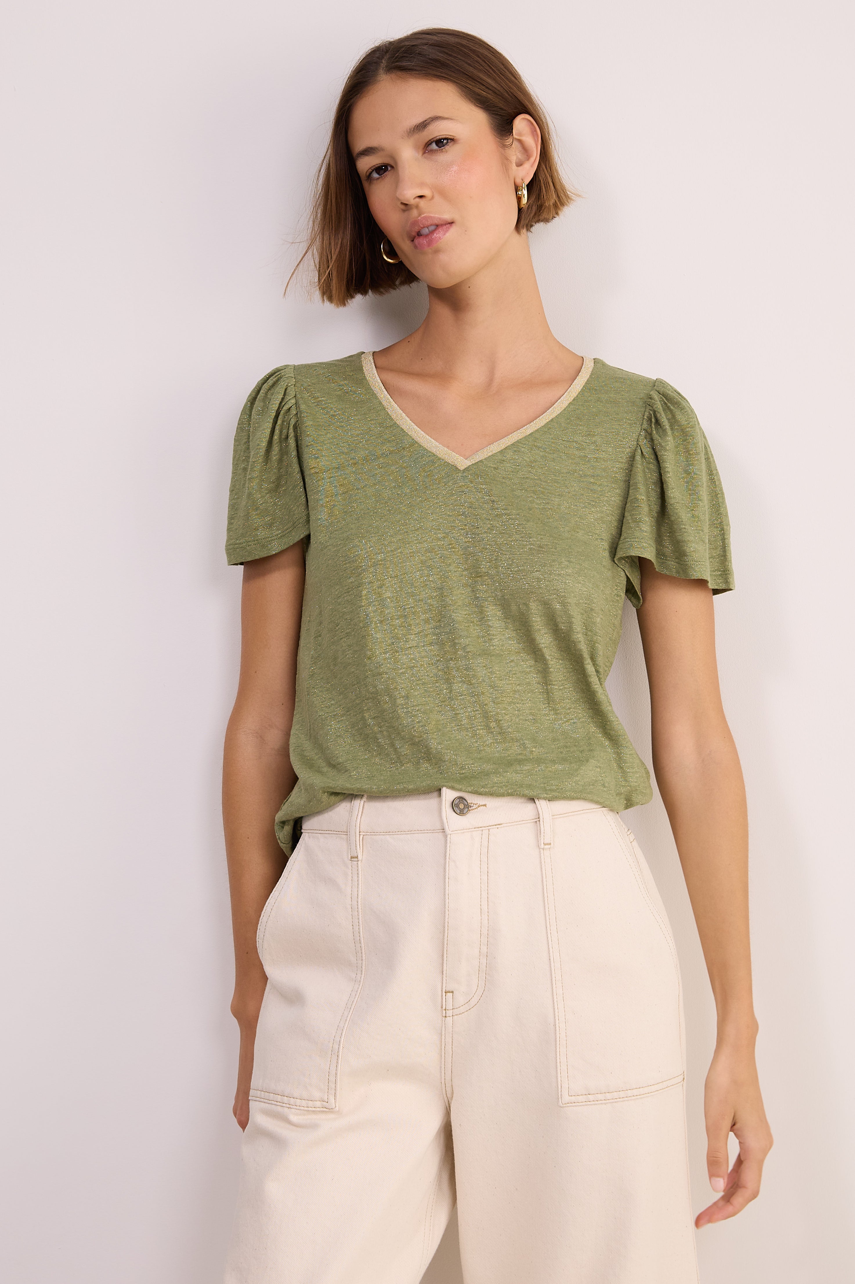 Lily Linen V-Neck Tee - Khaki Shimmer